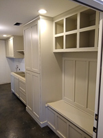 light gray custom laundry and mud room cabinets in Flower Mound Texas