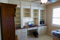 White Custom Home Office Cabinets with Stained Maple Countertop in Denton Texas