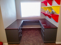 Gray Custom Home Office Cabinets with Stained Red Oak Countertop in Flower Mound Texas